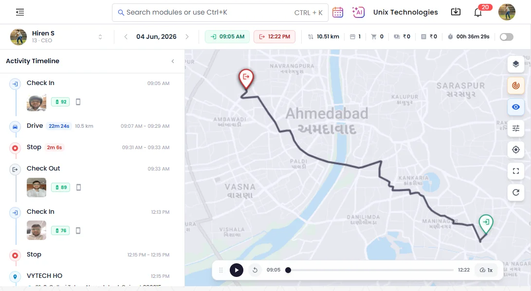 Emp Track Pro: an employee's activity timeline with check-ins, drives and stops, replayed on a city map