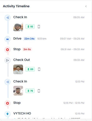 Activity timeline: check in, drive, stop, check out